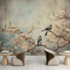Fotobehang in Aziatische stijl met klassiek vogelmotief op een bloeiende boom Birds On A Branch - belangrijkste productafbeelding
