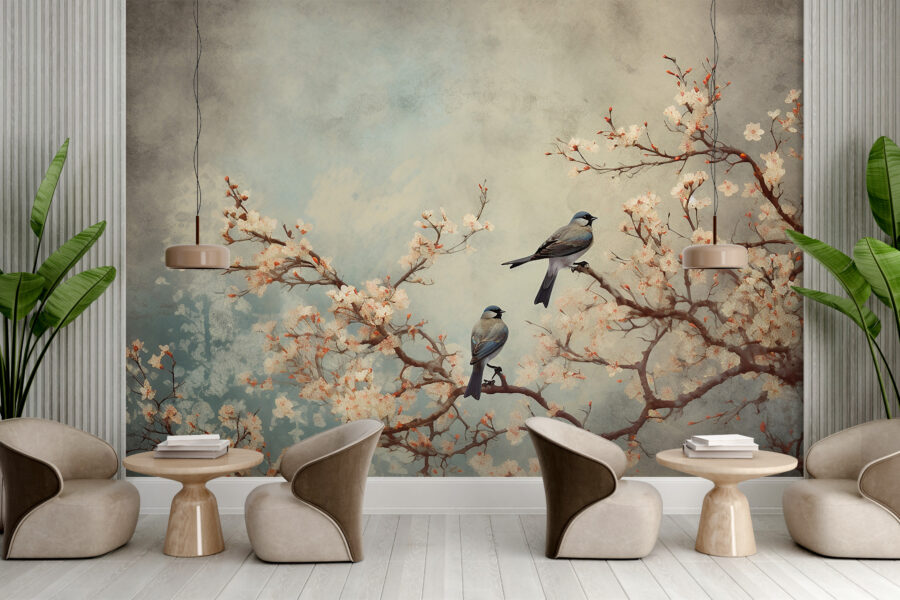 Fotobehang in Aziatische stijl met klassiek vogelmotief op een bloeiende boom Birds On A Branch - belangrijkste productafbeelding