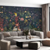 Fotobehang vol bloemen op een donkere achtergrond Paradijstuin bij Nacht - belangrijkste product afbeelding