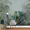 Fotobehang in donkergroen met mysterieuze jungle papegaai in struiken - belangrijkste product afbeelding