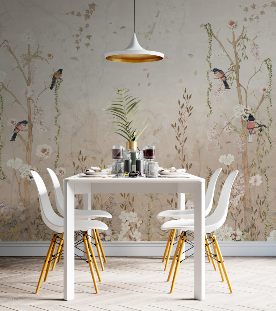 Fotobehang vol bloemen in warme beige tinten, delicaat en natuurlijk Birdsong - belangrijkste productafbeelding