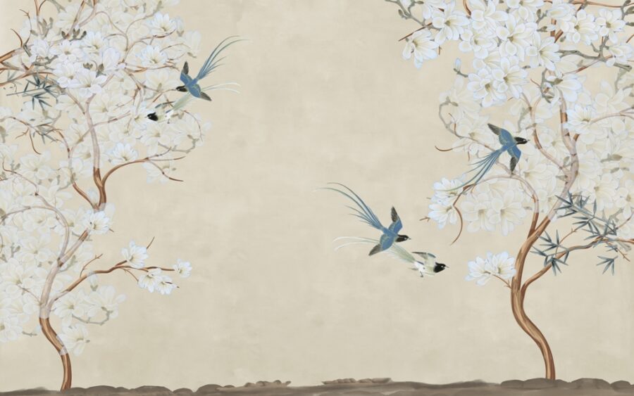 Japanse Fotobehang, prachtige bloemen en blauwe vogels, alles op een elegante beige achtergrond Paradijsvogels - afbeelding nummer 2