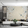 Japanse Fotobehang, prachtige bloemen en blauwe vogels, alles op een elegante beige achtergrond Paradijsvogels - belangrijkste productafbeelding