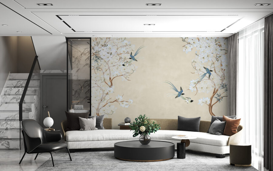 Japanse Fotobehang, prachtige bloemen en blauwe vogels, alles op een elegante beige achtergrond Paradijsvogels - belangrijkste productafbeelding