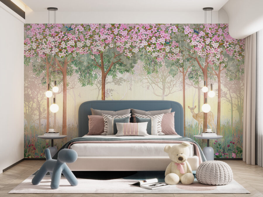 Fotobehang vol bloemen, realistisch, ideaal voor slaapkamer Hert in roze bloemen - belangrijkste product afbeelding