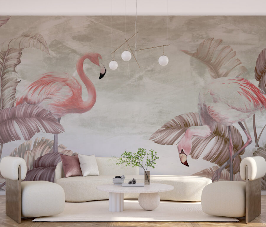 Fotobehang van roze flamingo's in strikken, gedempte kleuren op de muur Flamingo Dance - afbeelding hoofdproduct