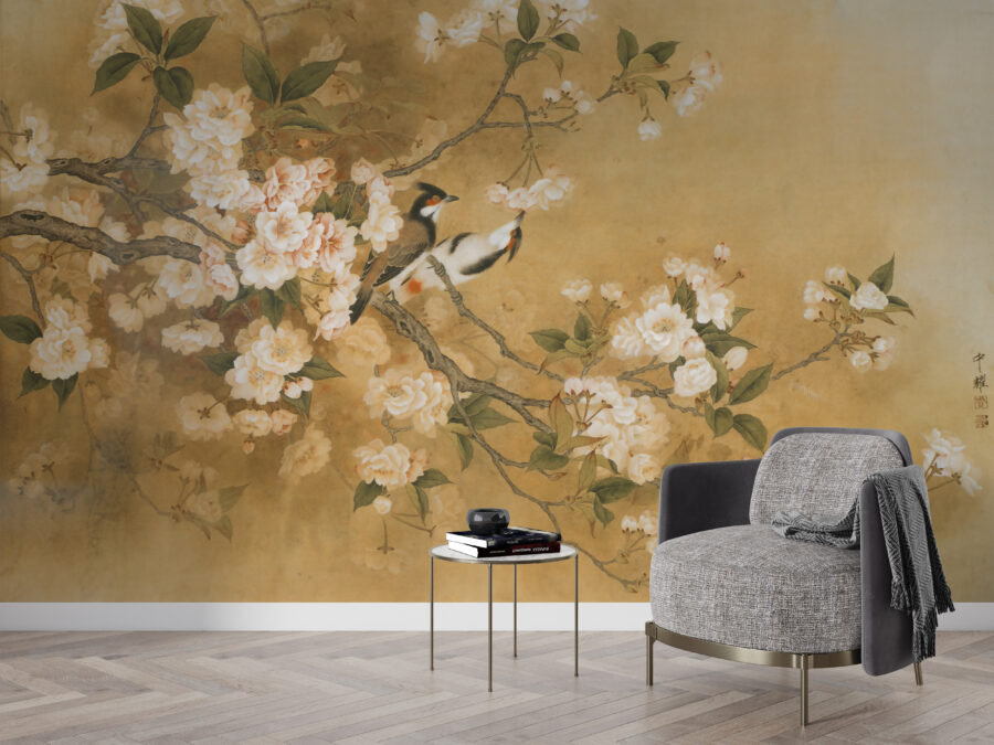 Fotobehang in Aziatische stijl met een tak van een bloeiende boom en vogels erin verstopt In Cherry Blossom - belangrijkste product afbeelding