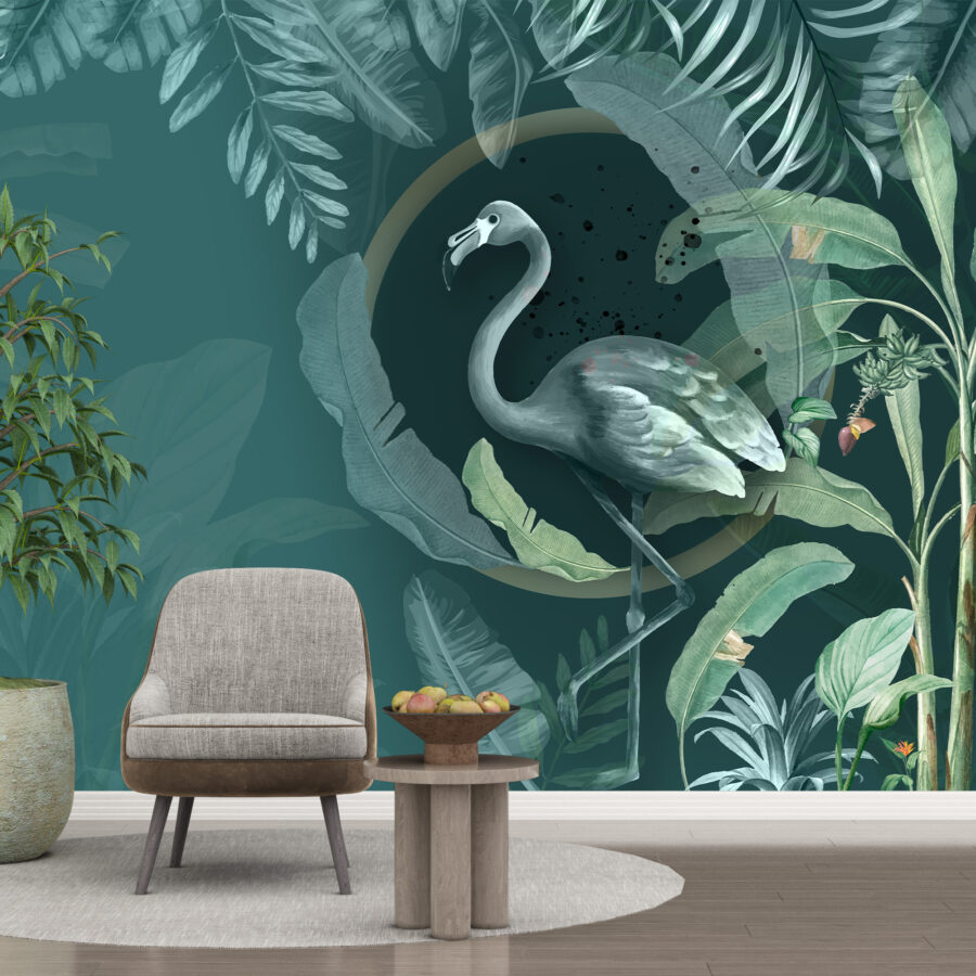 Exotische Fotobehang in verschillende tinten groen, moderne grafische Green Flamingo - afbeelding hoofdproduct