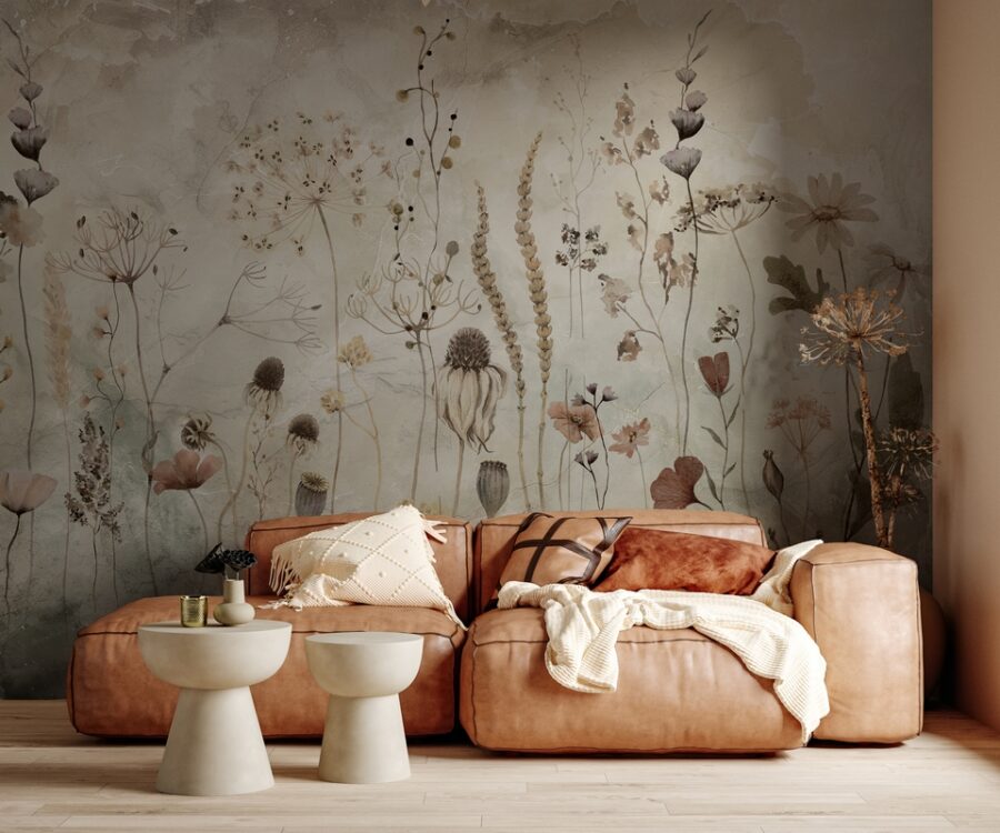 Mural Bloemenweide in Beige