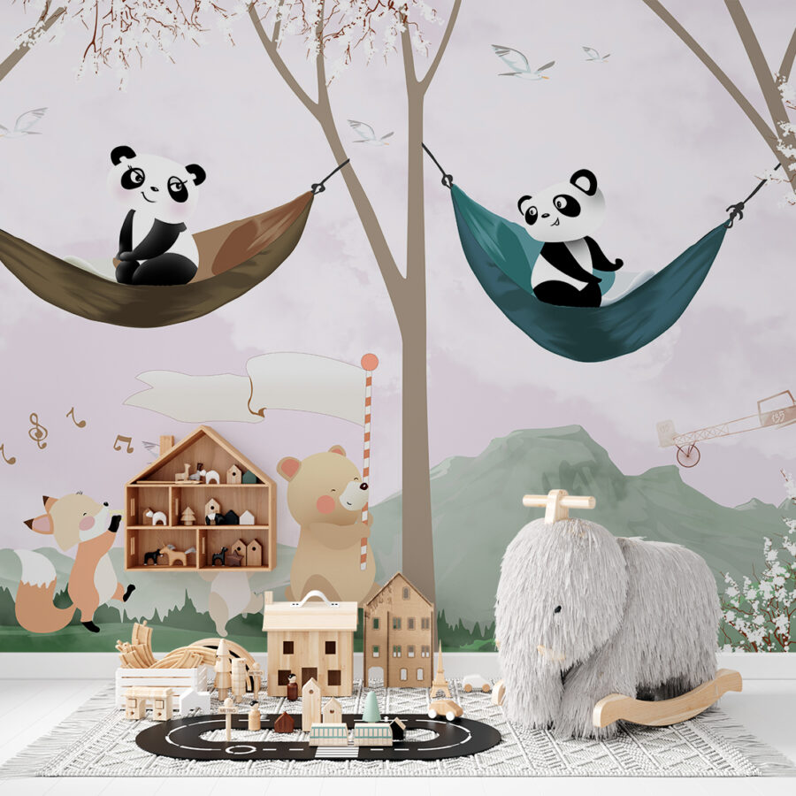 Muurschildering van Panda's rustend tussen de bomen