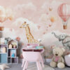Muurschildering Giraffe en Olifanten onder Bloemen