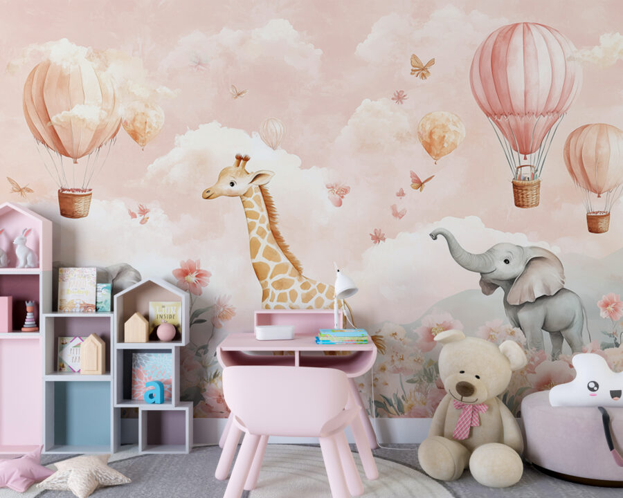 Muurschildering Giraffe en Olifanten onder Bloemen