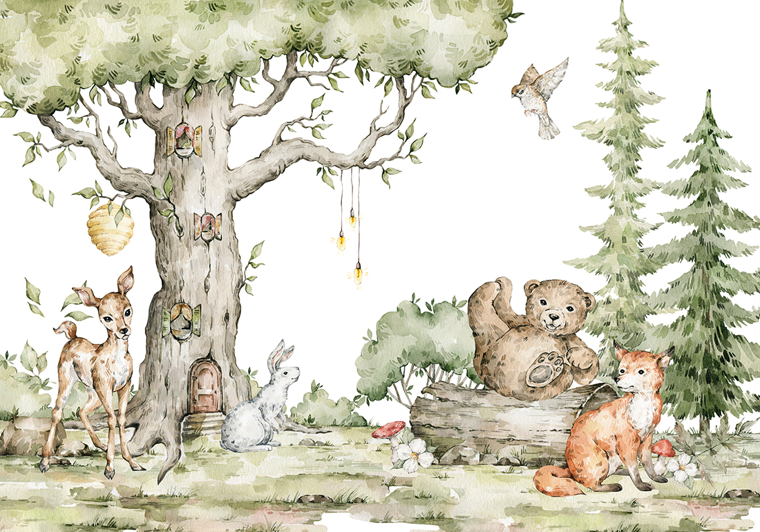 Aquarelcompositie met bosdieren en natuurlijke elementen.