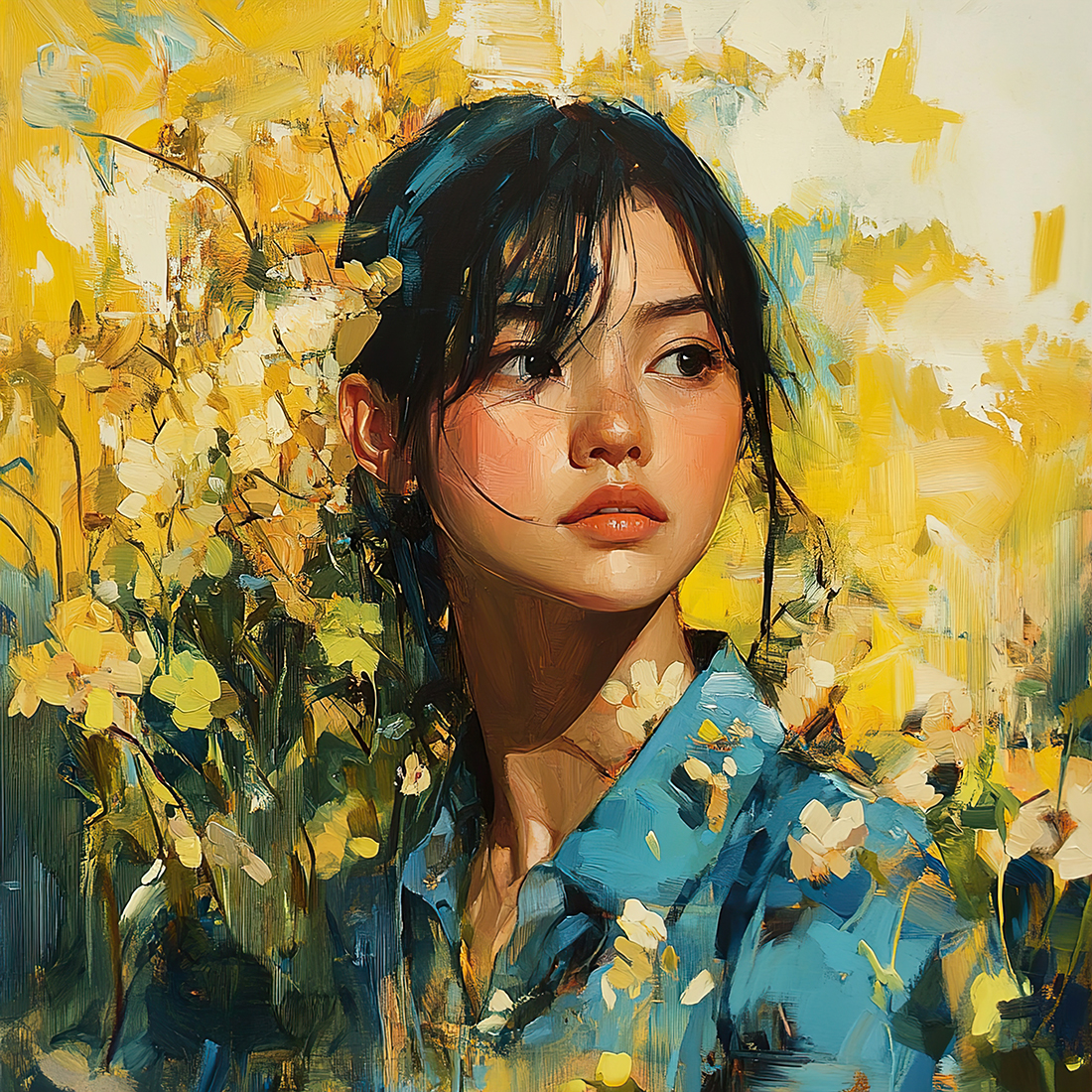 Vrouw met gele bloemen: een moderne portretschilderij
