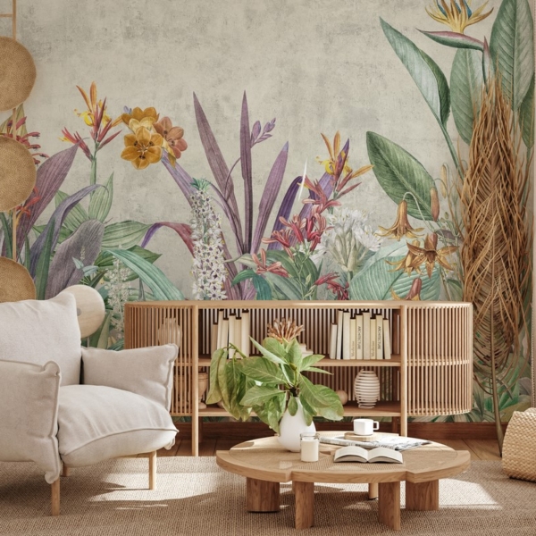 Fotobehang Exotische bloemen en bladeren