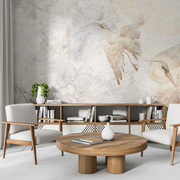 Kraanvogels in de marmeren lucht