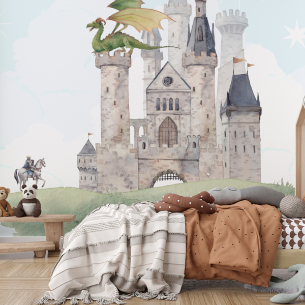 Fotobehang Fotobehang: Sprookjeskasteel met een draak