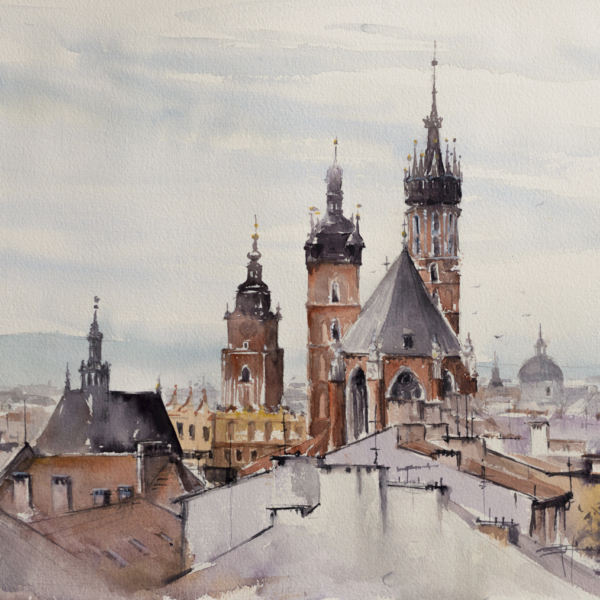 Fotobehang Krakau – een panorama van de stad in aquarelstijl