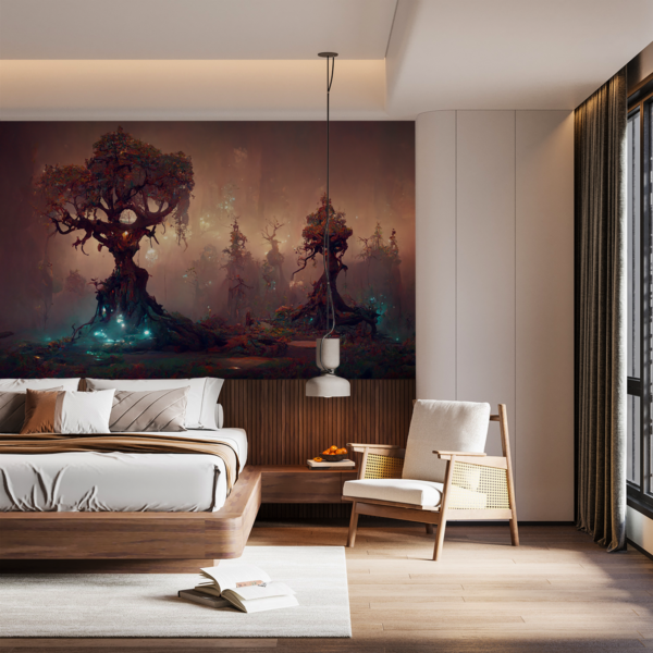 Fotobehang Magisch bos met lichtgevende bomen