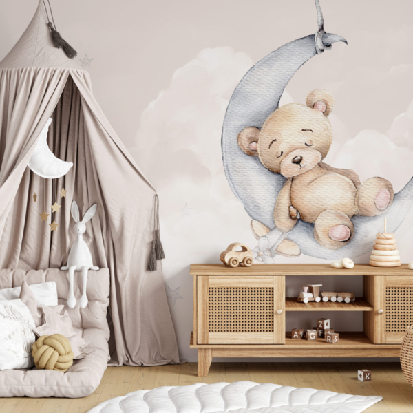 Fotobehang Slapende teddybeer op de maan