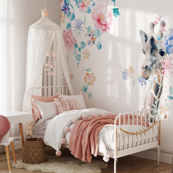 Fotobehang Giraffe tussen aquarelbloemen