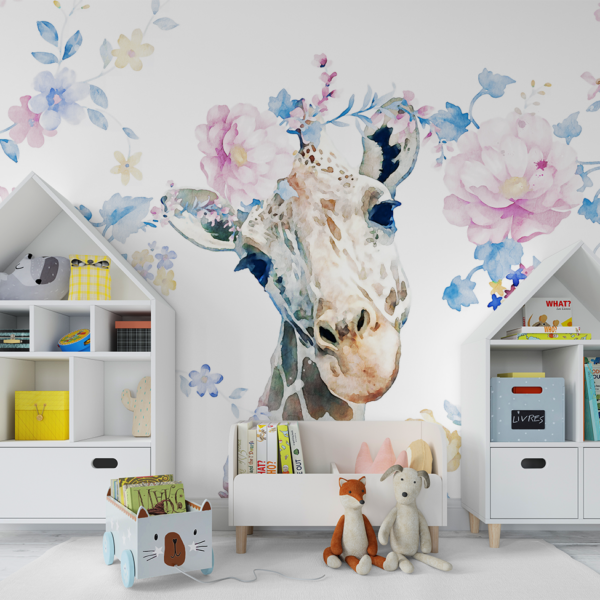 Fotobehang Giraffe omringd door pastelkleurige bloemen