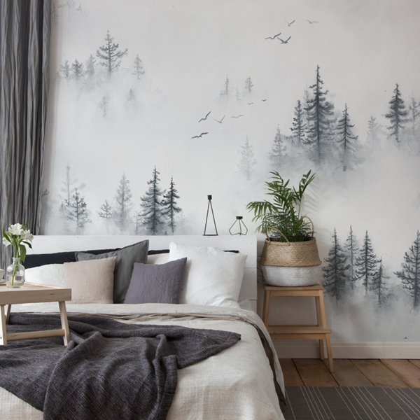 Fotobehang Grijs bos in dikke witte mist