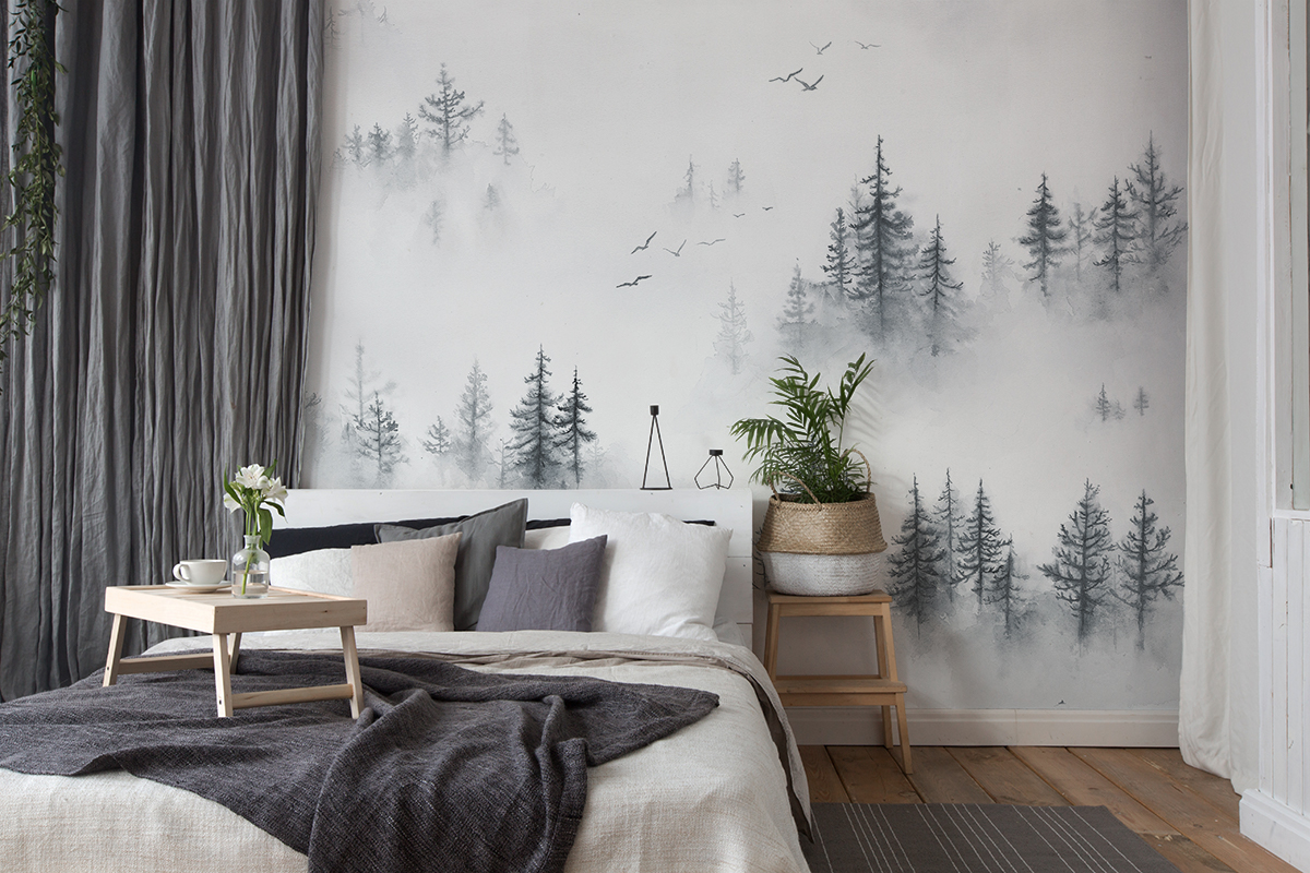 Fotobehang Grijs bos in dikke witte mist