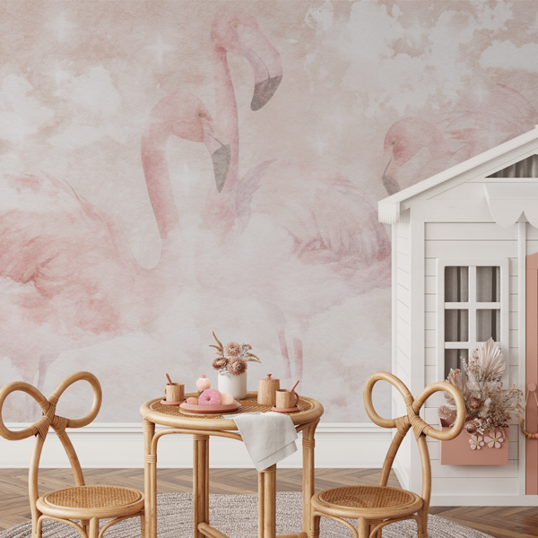 Fotobehang Pastelkleurige flamingo’s in de wolken