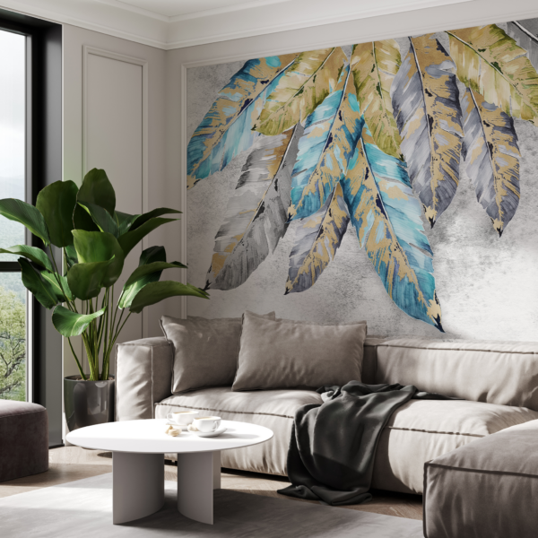Fotobehang Blauwe en gouden bladeren