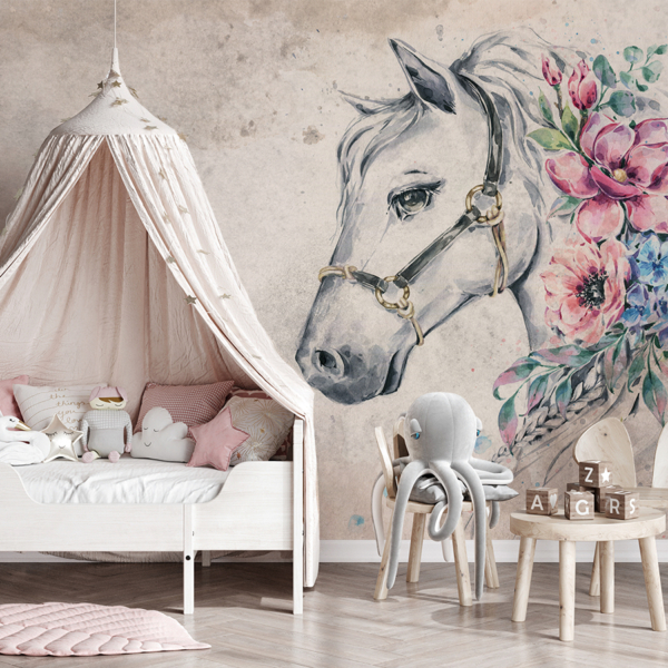 Fotobehang Prachtig paard en bloemen