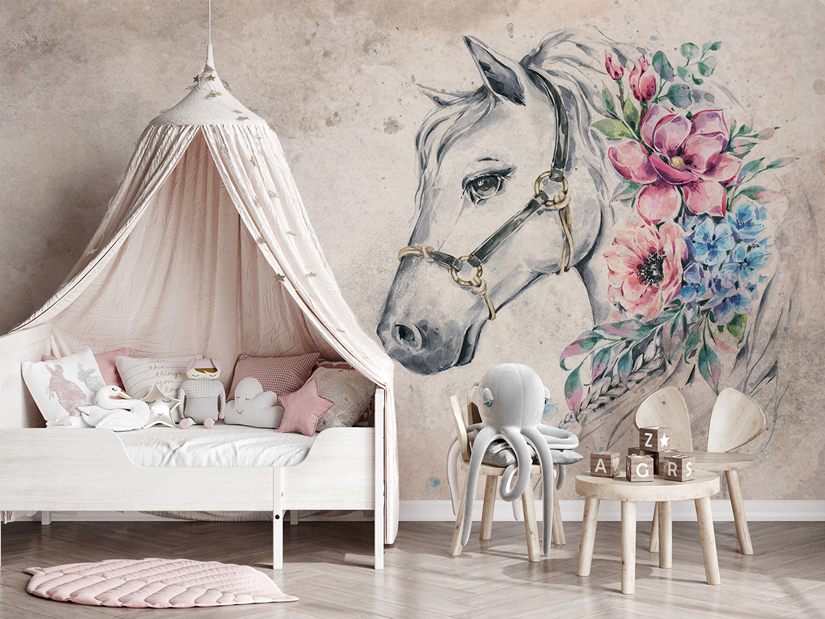 Fotobehang Prachtig paard en bloemen