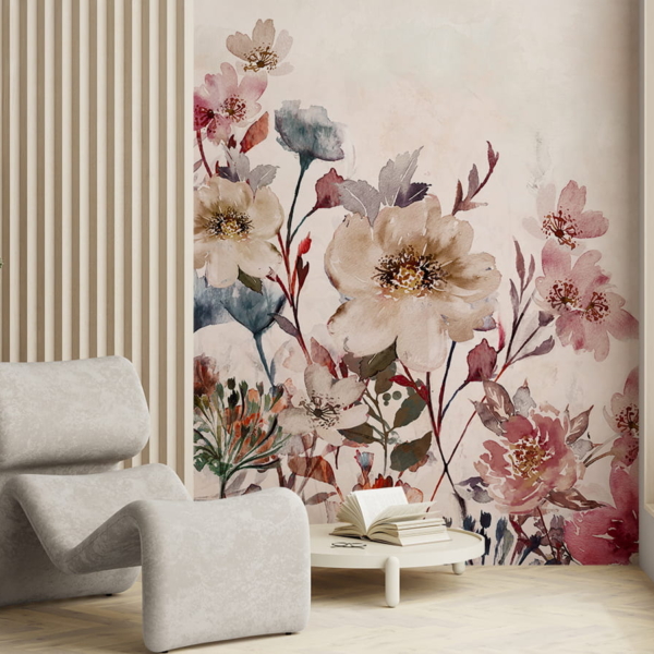 Fotobehang Een aquarel van een tuin met subtiele bloemen.