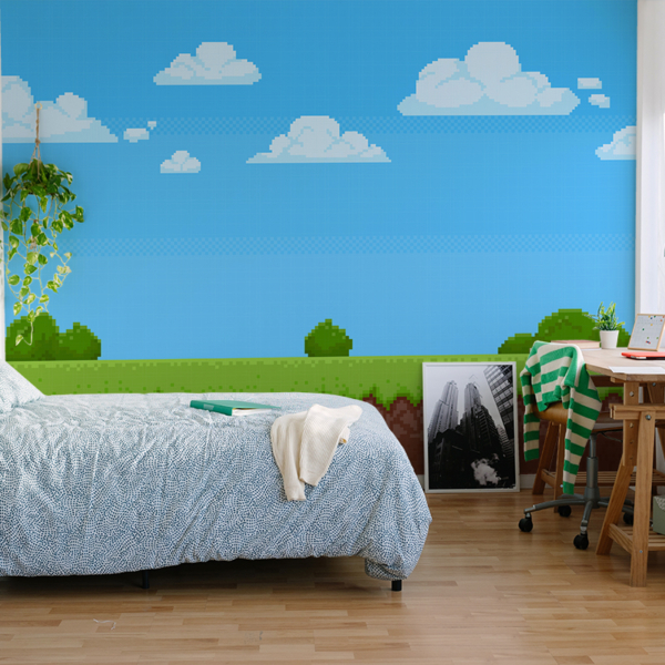 Fotobehang Pixelweide met wolken