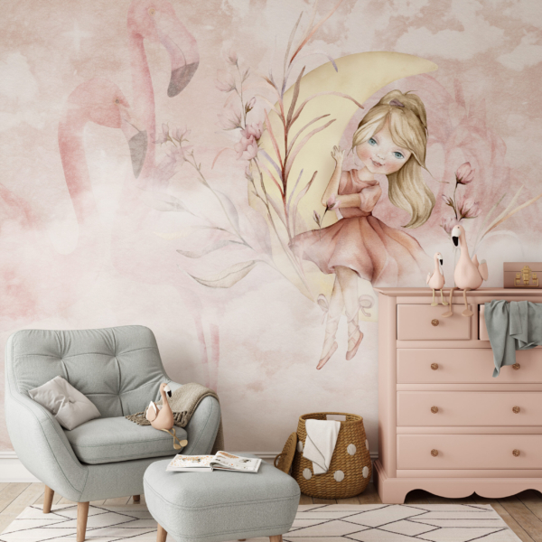 Fotobehang Het meisje in de maan en de flamingo’s
