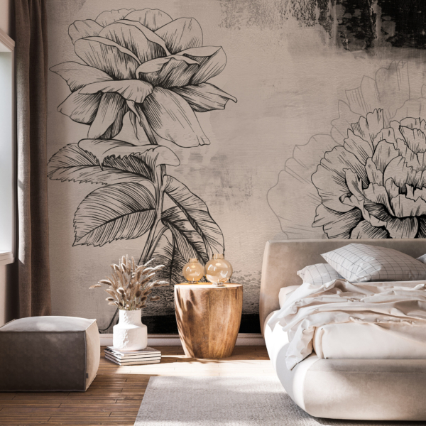 Fotobehang Schets van bloemen in zwart-wit