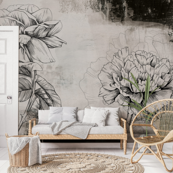 Fotobehang Schets van bloemen op de muur