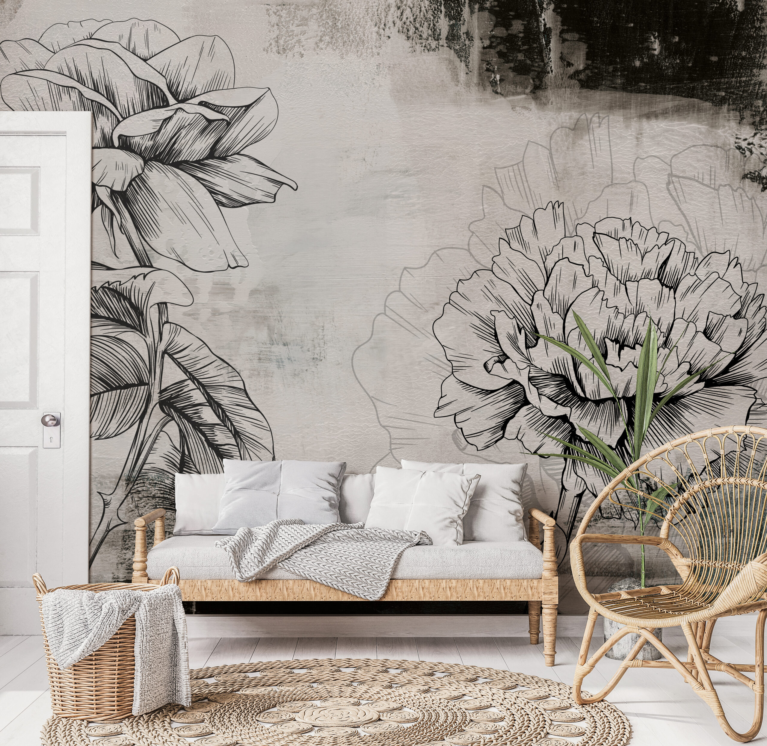 Fotobehang Schets van bloemen op de muur