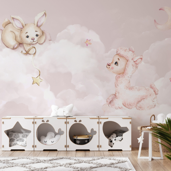 Fotobehang Schaap en konijn op pastelkleurige wolken