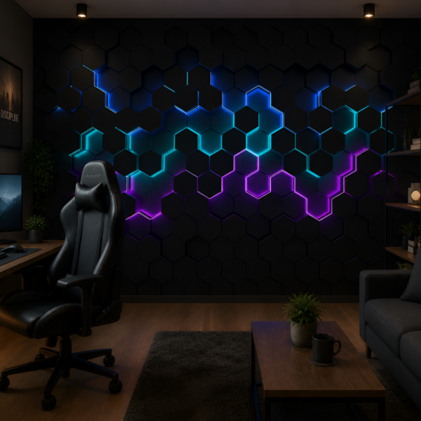 Fotobehang Neon Hexagons 3D
