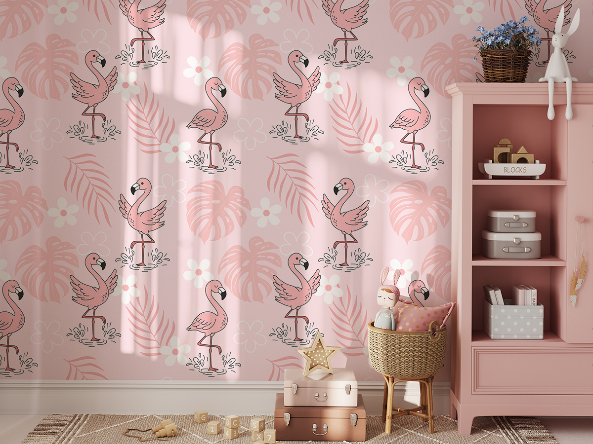 Fotobehang Flamingo's in het roze