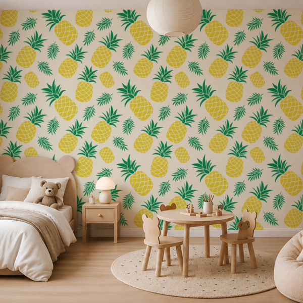 Fotobehang Gele ananassen en groene bladeren op een beige achtergrond
