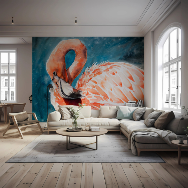 Fotobehang Flamingo in turkoois