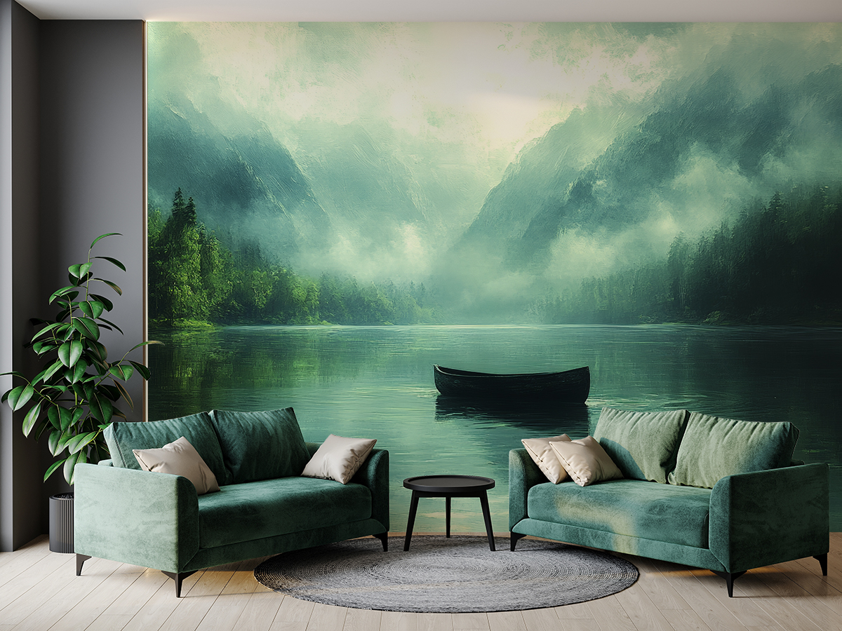 Fotobehang Boot op Misty Lake