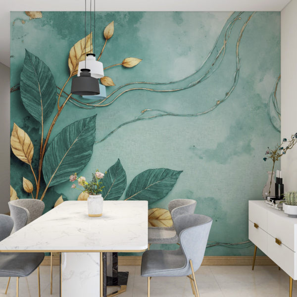 Fotobehang Turquoise Botanica met goud