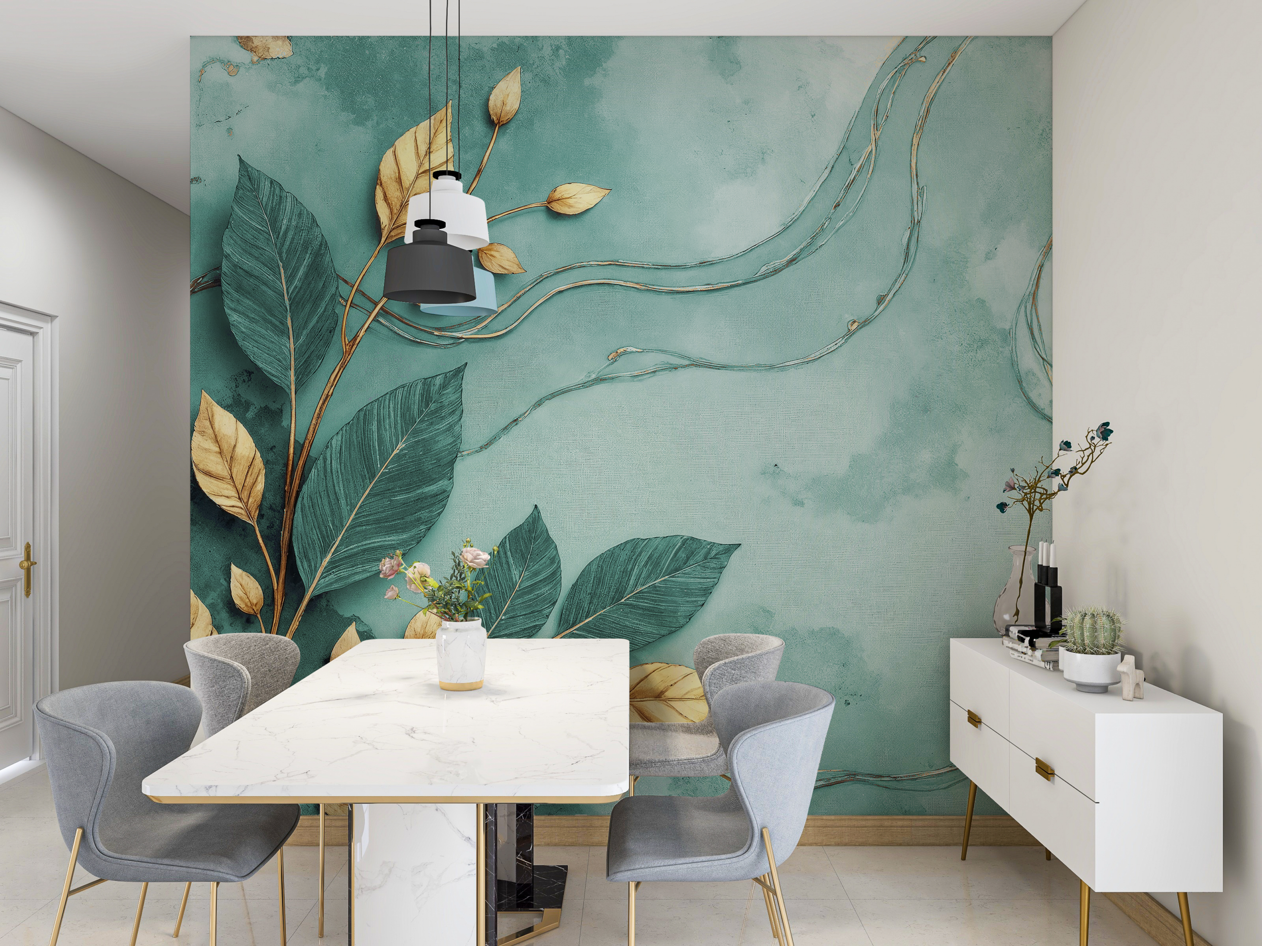 Fotobehang Turquoise Botanica met goud