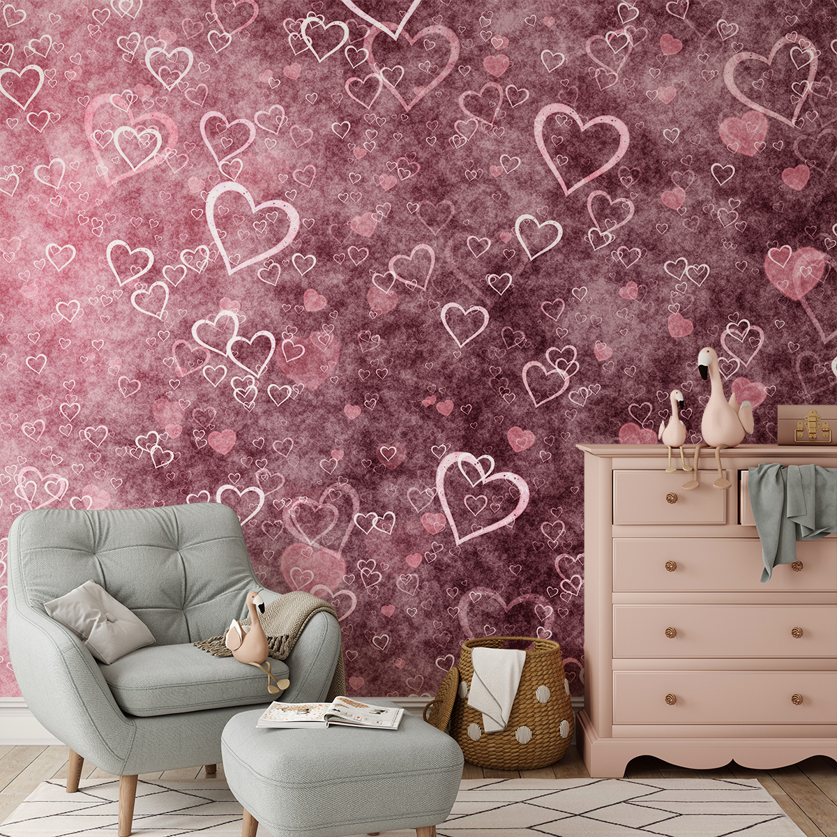 Fotobehang Roze hartjes op een bordeauxrode achtergrond