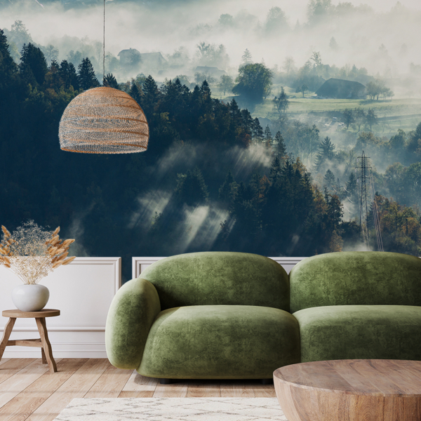 Fotobehang Mistig dorp te midden van de bossen