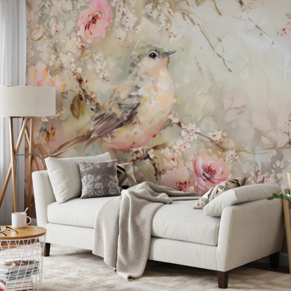 Fotobehang Aquarel vogel tussen de bloemen