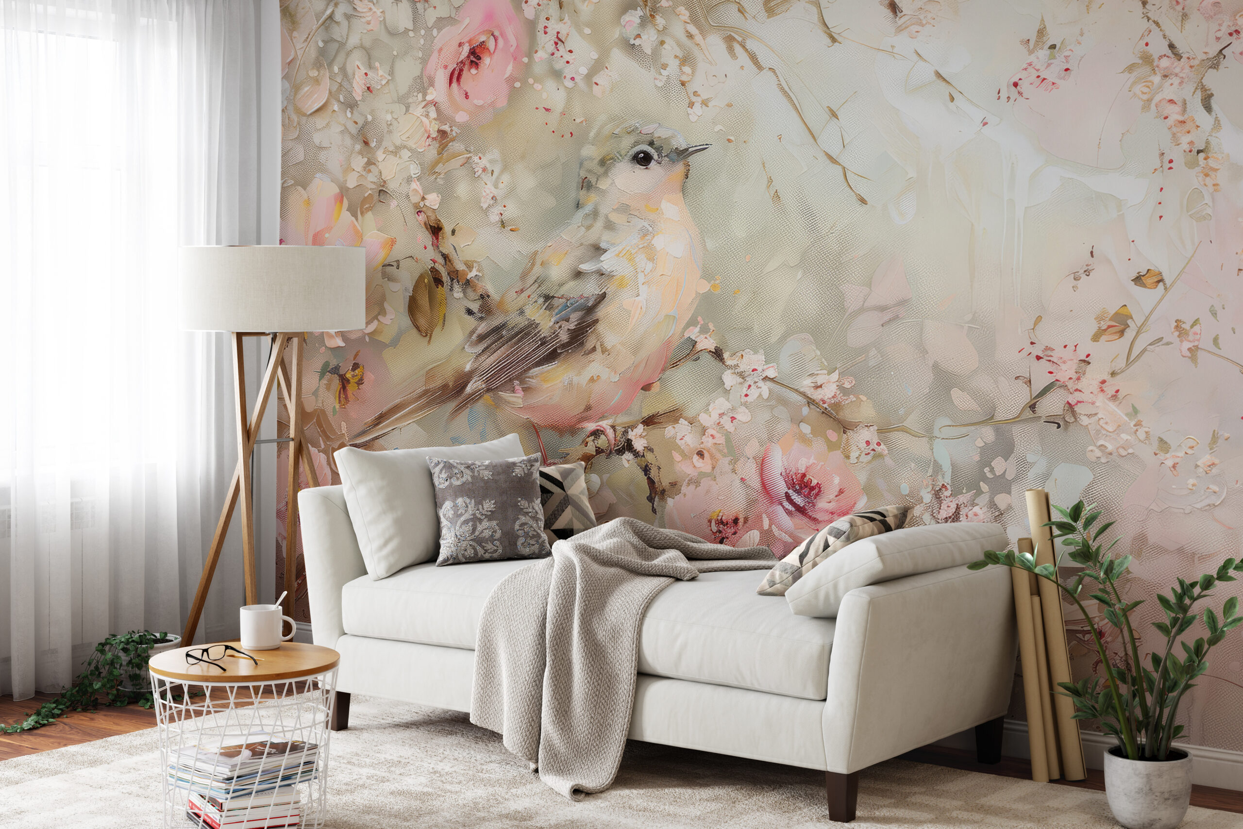 Fotobehang Aquarel vogel tussen de bloemen